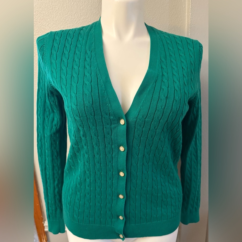 Lands' End Green Cable Knit Cardigan